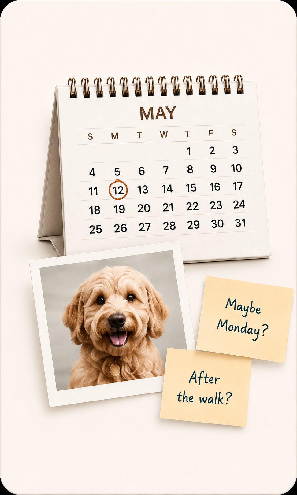 May calendar with vet appointment notes and a photo of your companion
