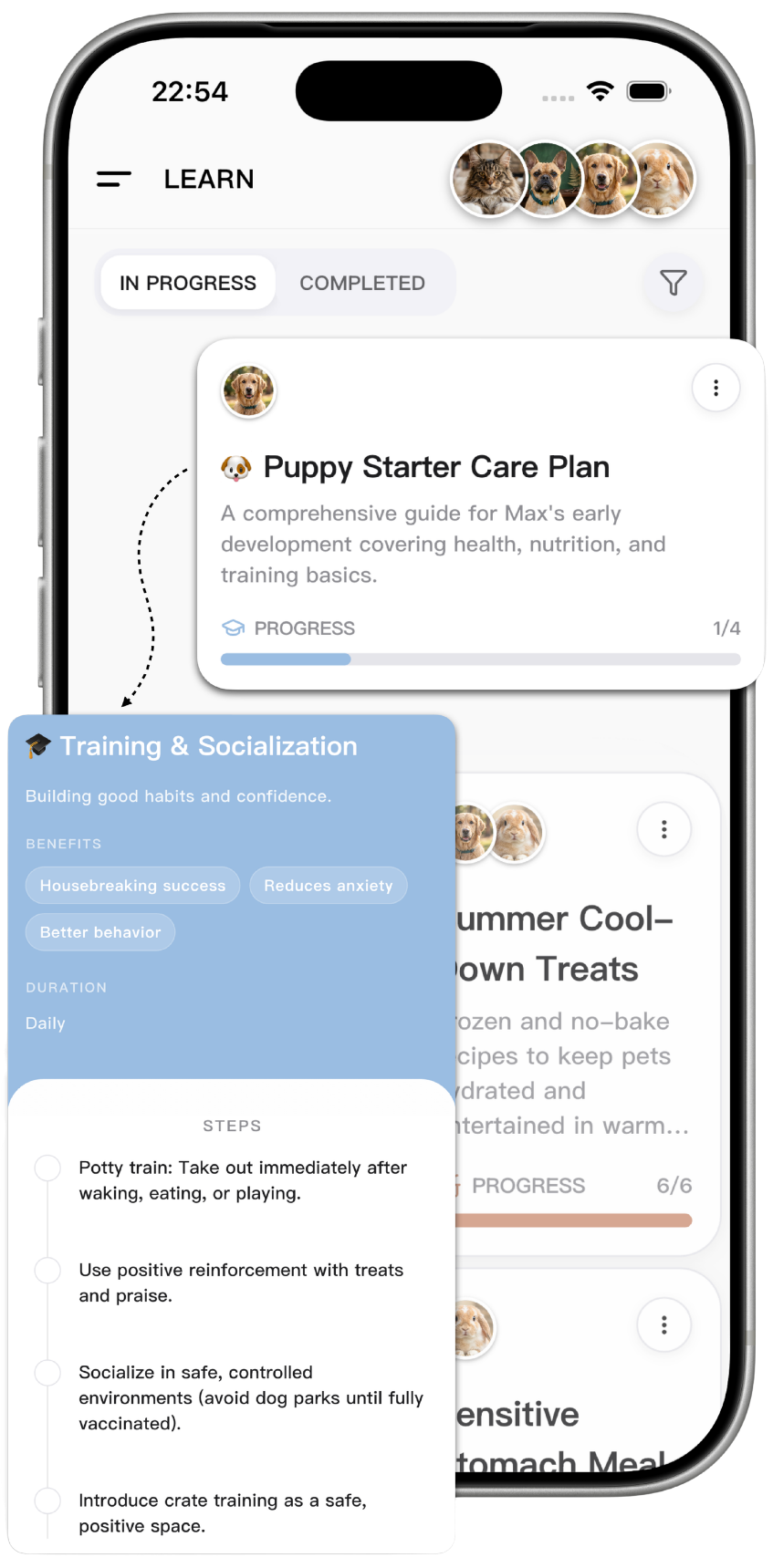 Recovery plans, home care guides, progress check-ins, and training routines in the Folyah app