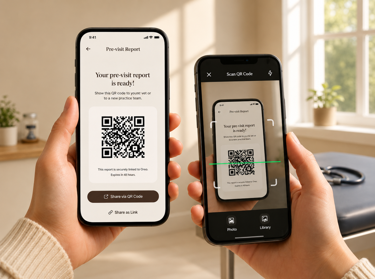 Share a pre-visit report with your vet by QR code