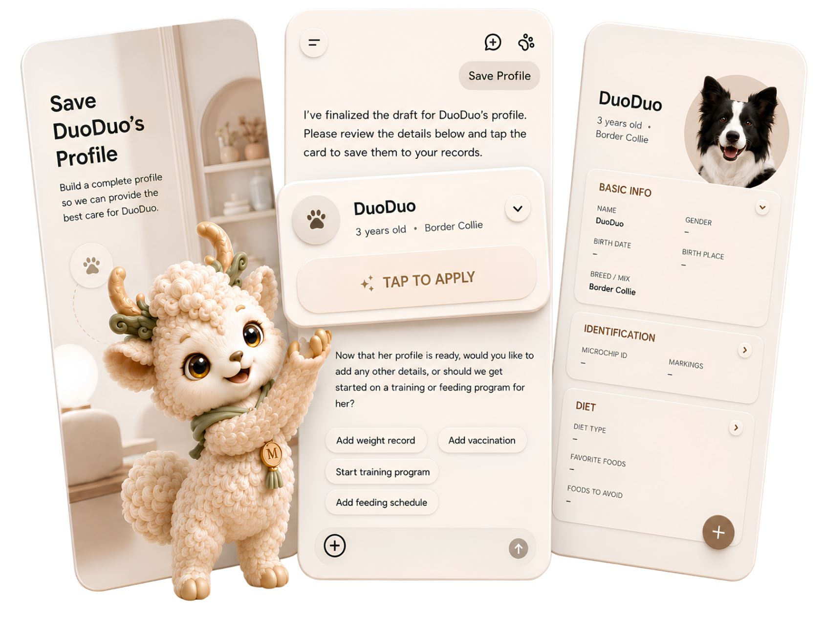 Phone mockups showing Folyah helping save DuoDuo's profile, review a draft, and open a full pet record