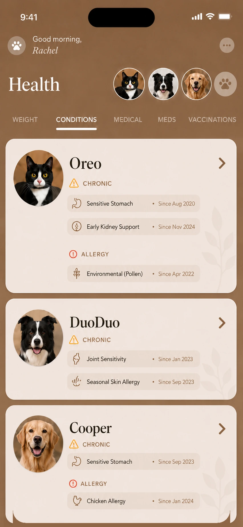 Health conditions screen for Oreo, DuoDuo, and Cooper
