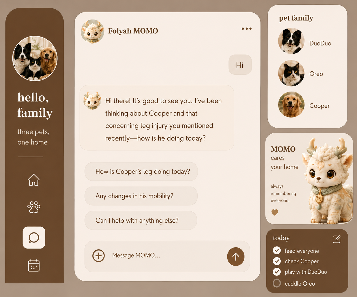 Folyah home dashboard with chat, pet profiles, and diary