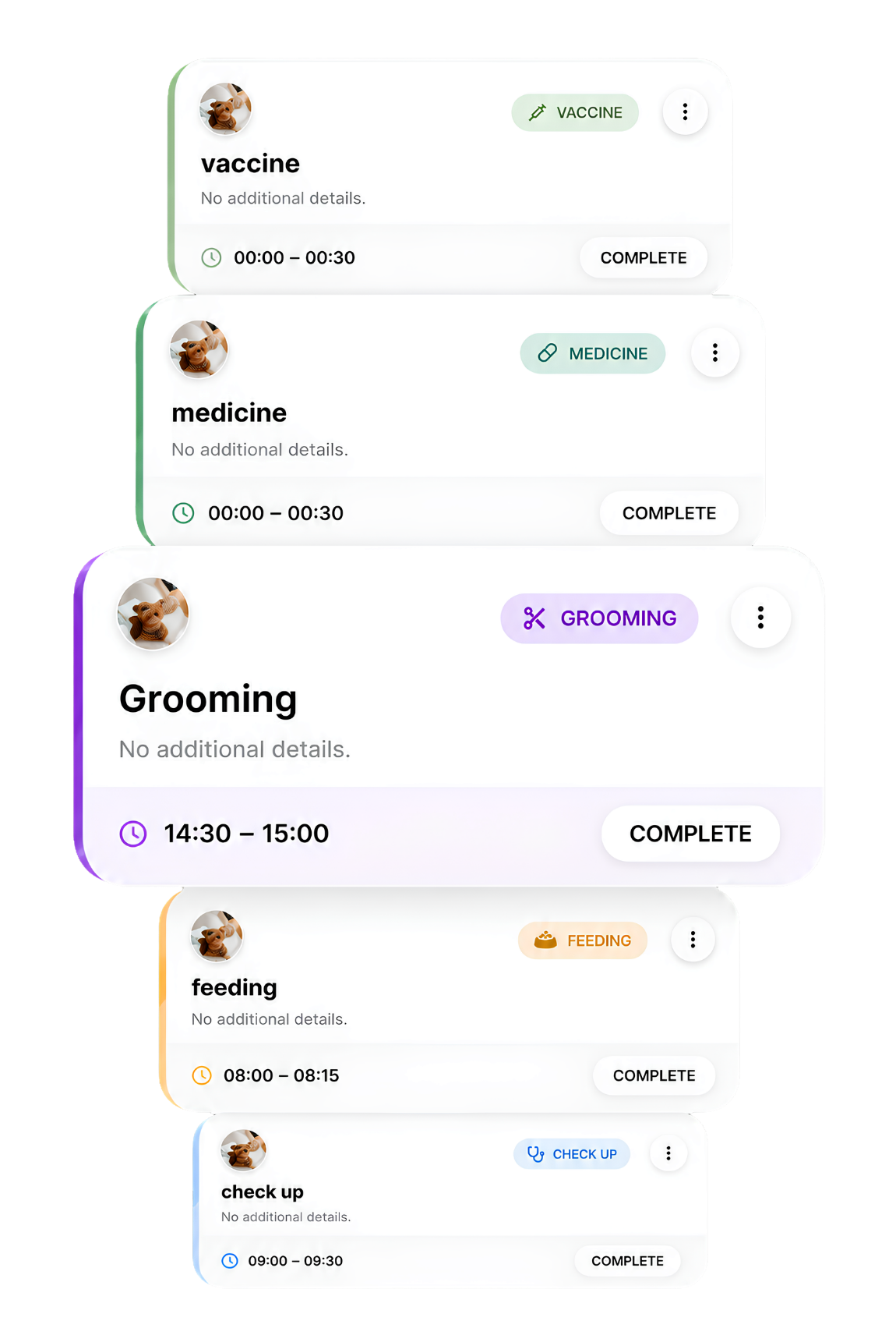Stack of reminder cards for grooming and care tasks